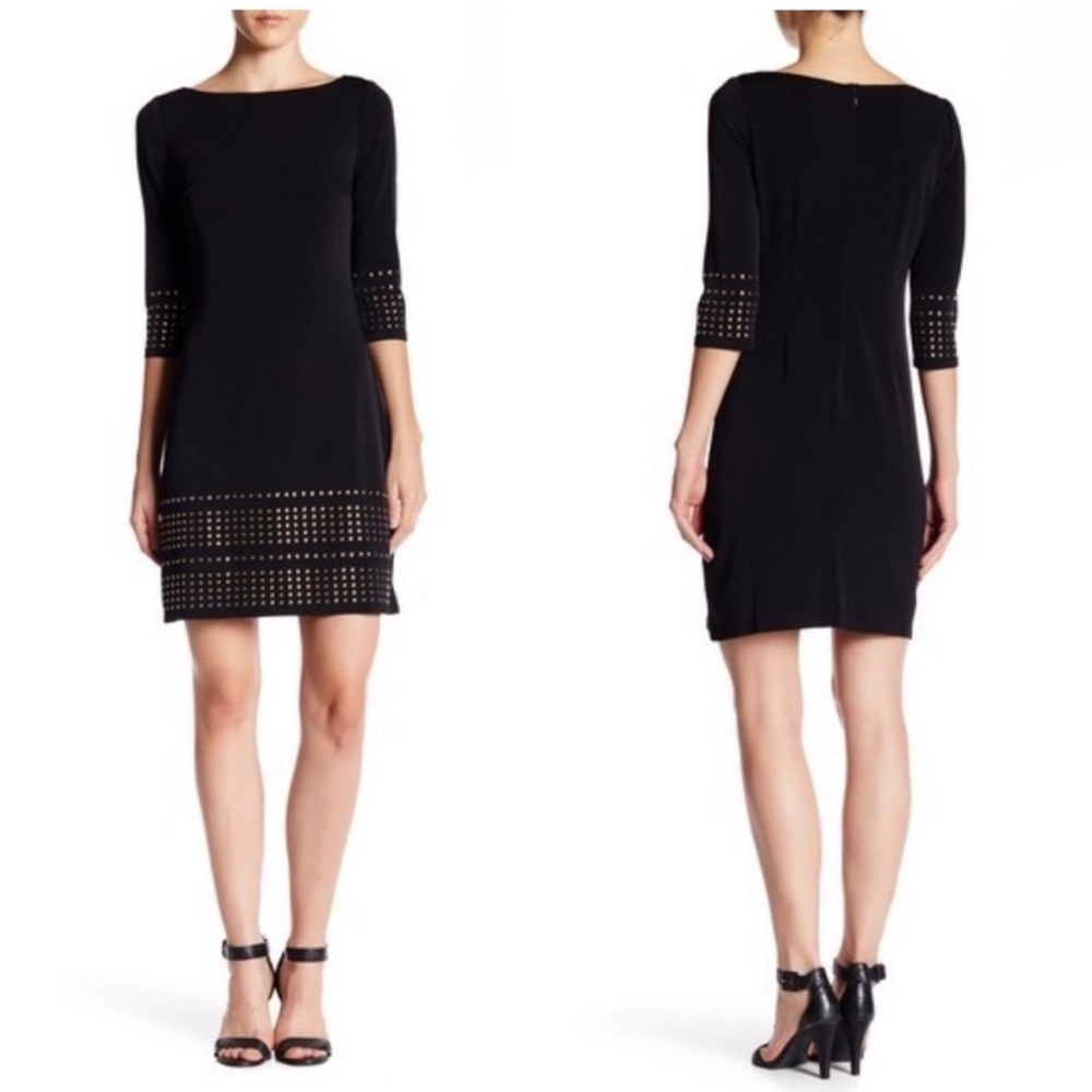 - Eliza J Black Shift Dress with Gold Stud Embellishment size 12 cocktail